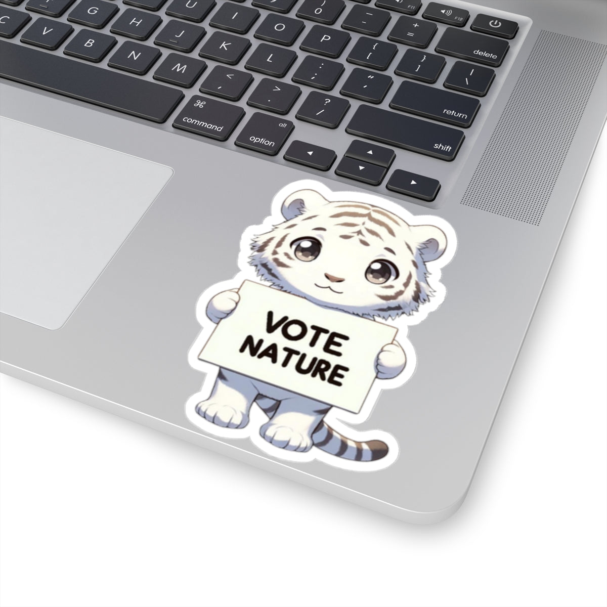 Inspirational Cute White Tiger Statement vinyl Sticker: Vote Nature! for laptop, kindle, phone, ipad, instrument case, notebook, mood board