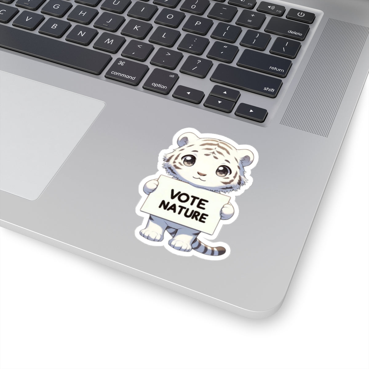 Inspirational Cute White Tiger Statement vinyl Sticker: Vote Nature! for laptop, kindle, phone, ipad, instrument case, notebook, mood board