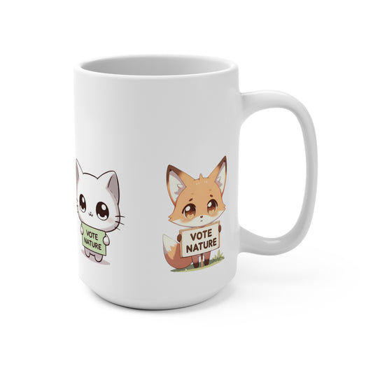 All the Cuteness! Inspirational Statement Coffee Mug (15oz): Vote Nature! Cute bunny, orangutan, fox, and cat! All in one!
