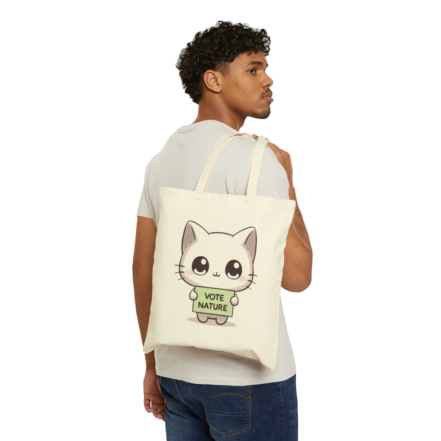 Inspirational Cute Cat Statement Cotton Canvas Tote Bag: Vote Nature! carry a laptop, kindle, phone, notebook, goodies to work/coffee shop