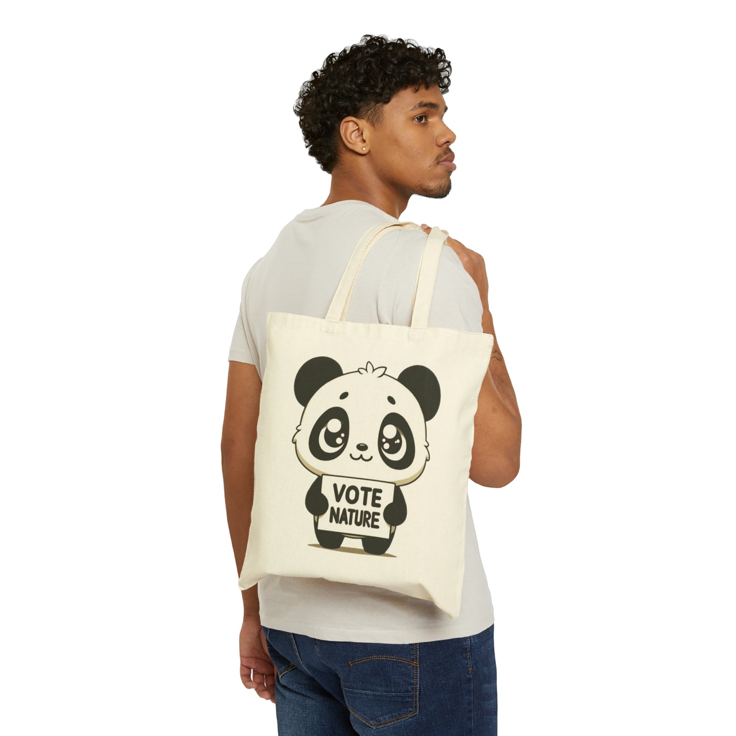 Inspirational Cute Panda Statement Cotton Canvas Tote Bag: Vote Nature! carry a laptop, kindle, phone, notebook, goodies to work/coffee shop