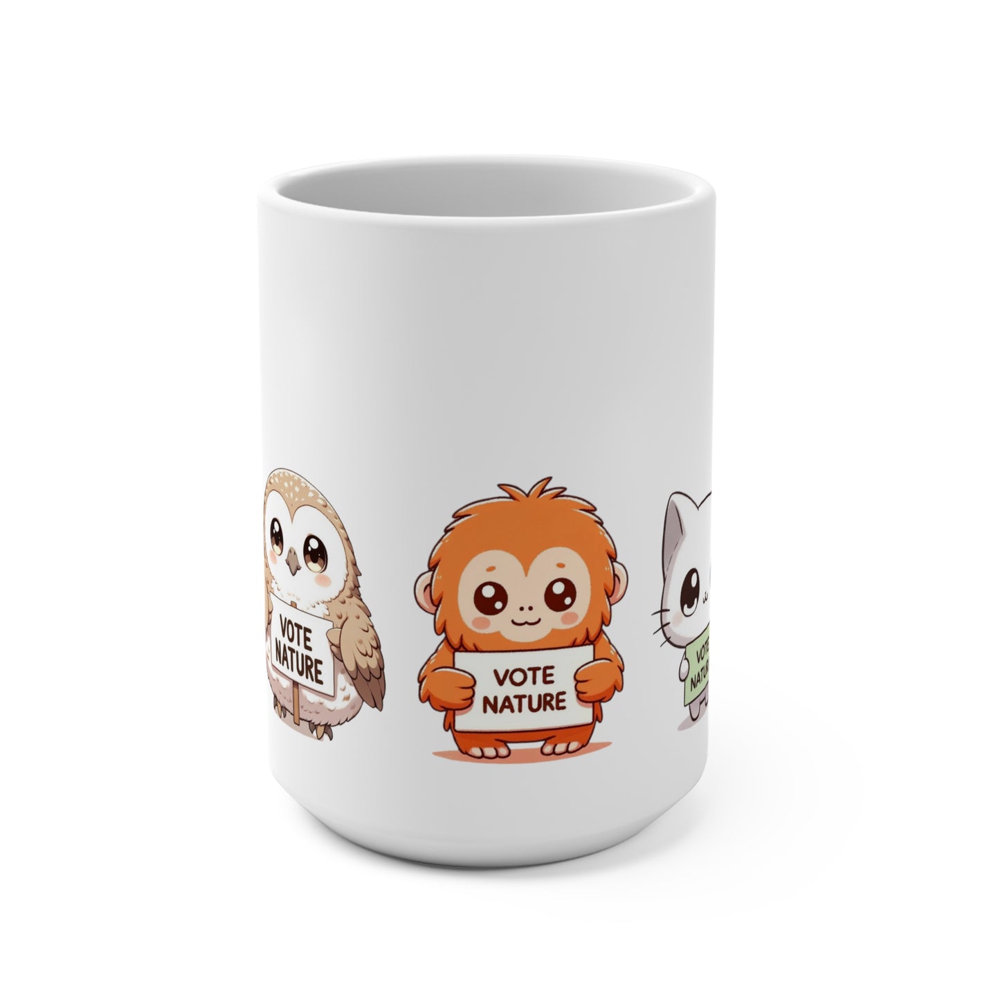 All the Cuteness! Inspirational Statement Coffee Mug (15oz): Vote Nature! Cute orangutan, fox, panda, owl, and cat! All in one!
