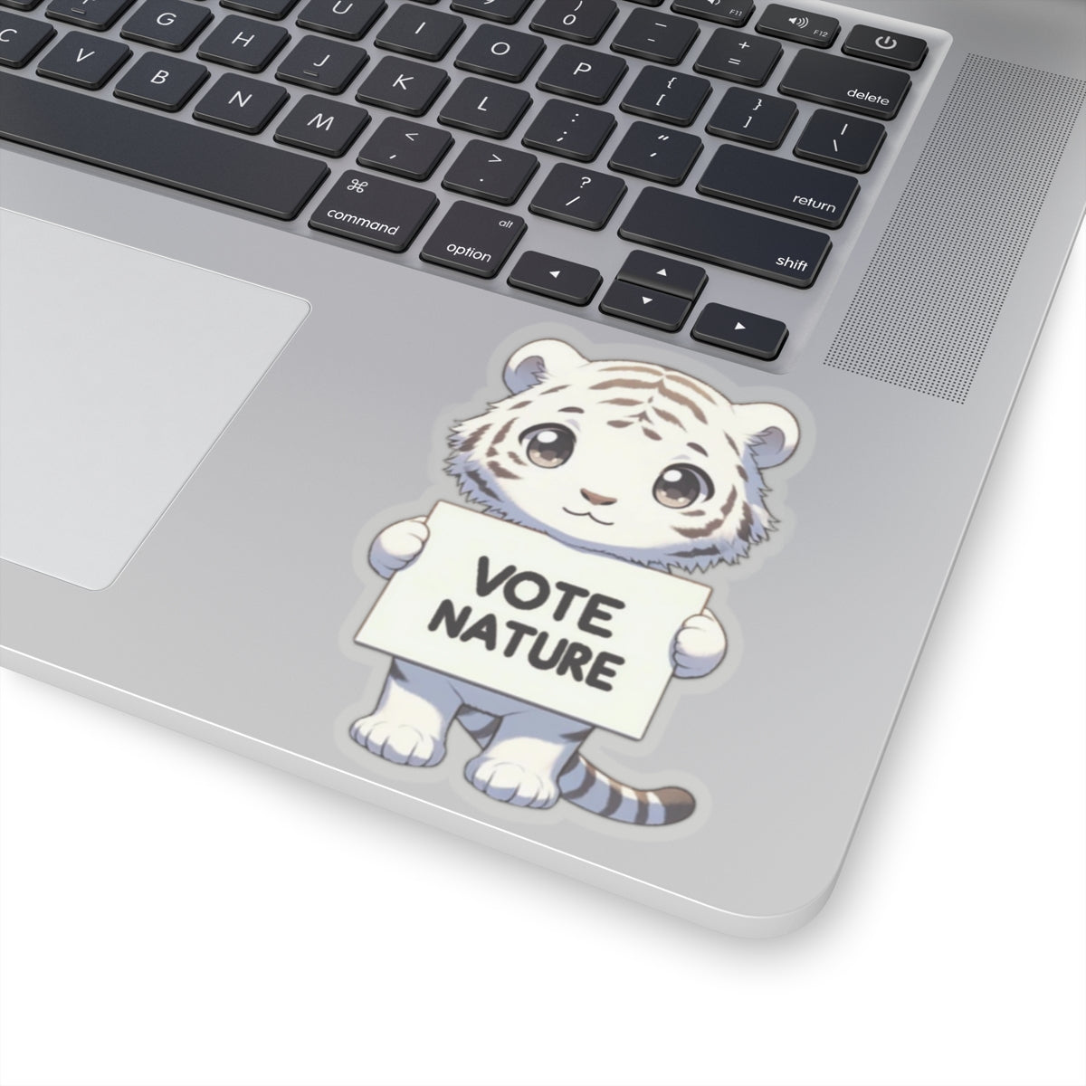 Inspirational Cute White Tiger Statement vinyl Sticker: Vote Nature! for laptop, kindle, phone, ipad, instrument case, notebook, mood board