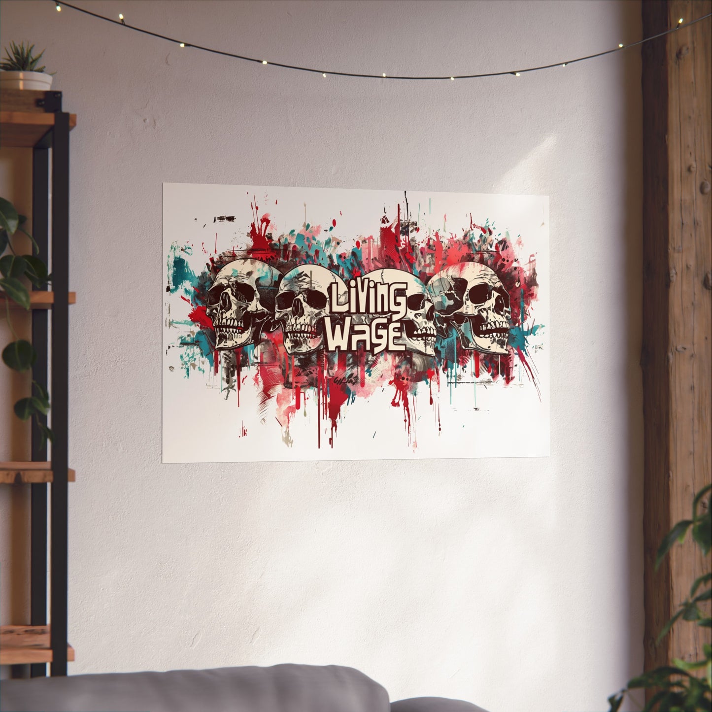 Living Wage Political poster graffiti poster skull cyberpunk poster Statement Poster for home office dorm room poster Bold Protest poster