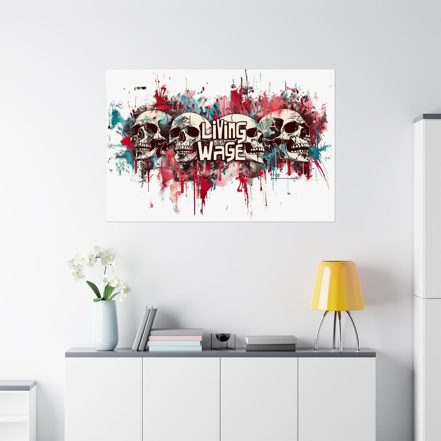 Living Wage Political poster graffiti poster skull cyberpunk poster Statement Poster for home office dorm room poster Bold Protest poster