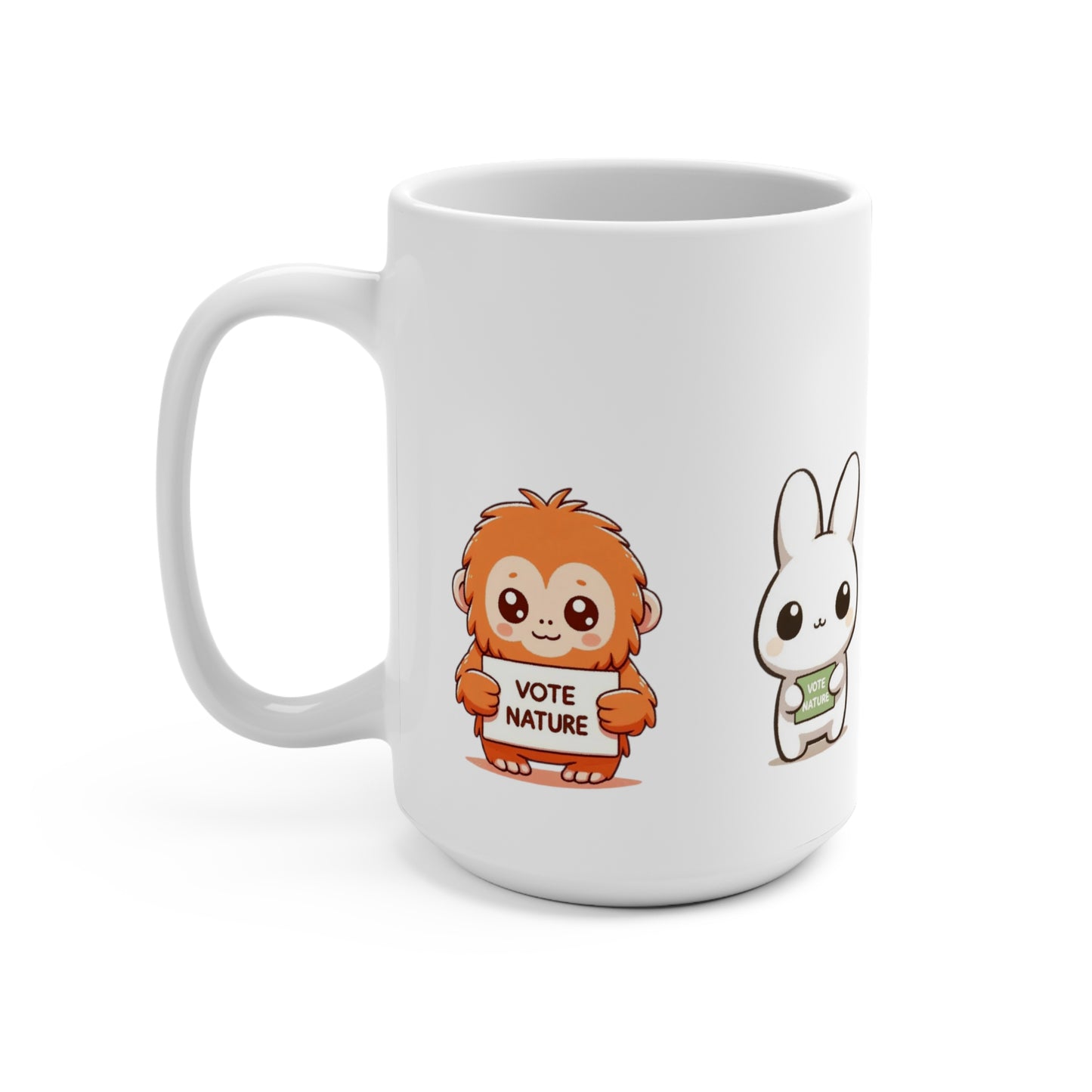 All the Cuteness! Inspirational Statement Coffee Mug (15oz): Vote Nature! Cute bunny, orangutan, fox, and cat! All in one!