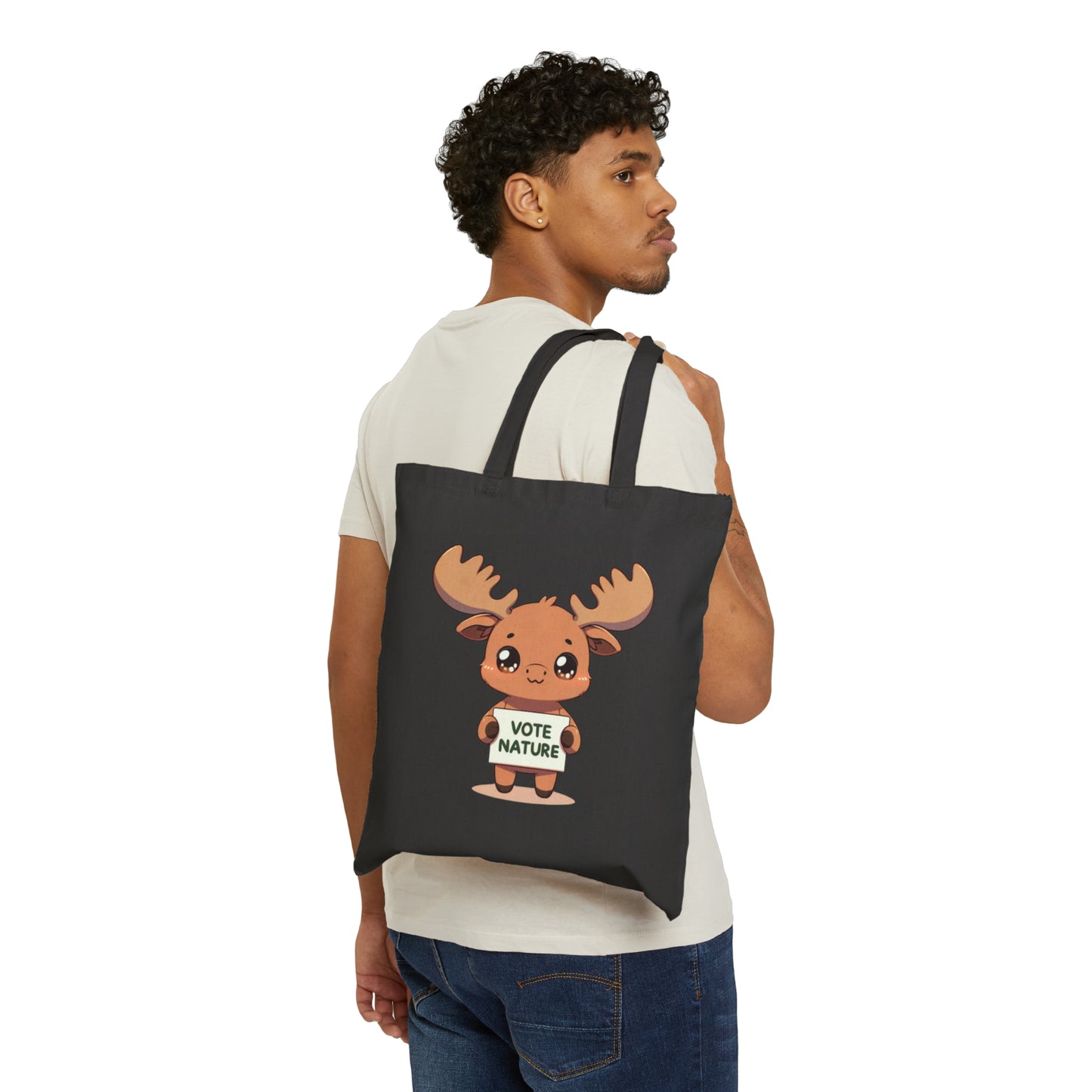 Inspirational Cute Moose Statement Cotton Canvas Tote Bag: Vote Nature! carry a laptop, kindle, phone, notebook, goodies to work/coffee shop