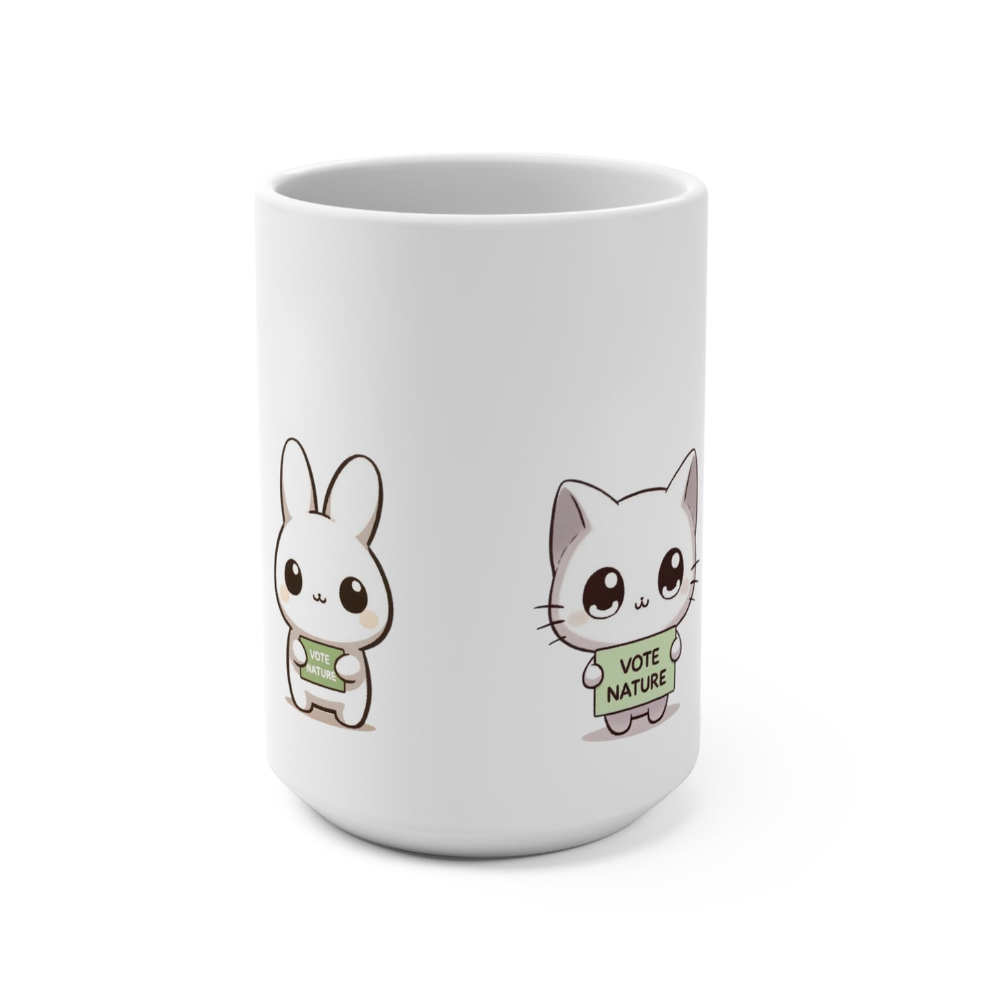 All the Cuteness! Inspirational Statement Coffee Mug (15oz): Vote Nature! Cute bunny, orangutan, fox, and cat! All in one!