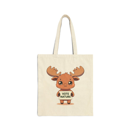 Inspirational Cute Moose Statement Cotton Canvas Tote Bag: Vote Nature! carry a laptop, kindle, phone, notebook, goodies to work/coffee shop