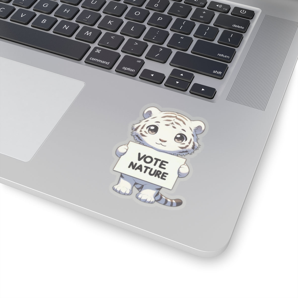 Inspirational Cute White Tiger Statement vinyl Sticker: Vote Nature! for laptop, kindle, phone, ipad, instrument case, notebook, mood board