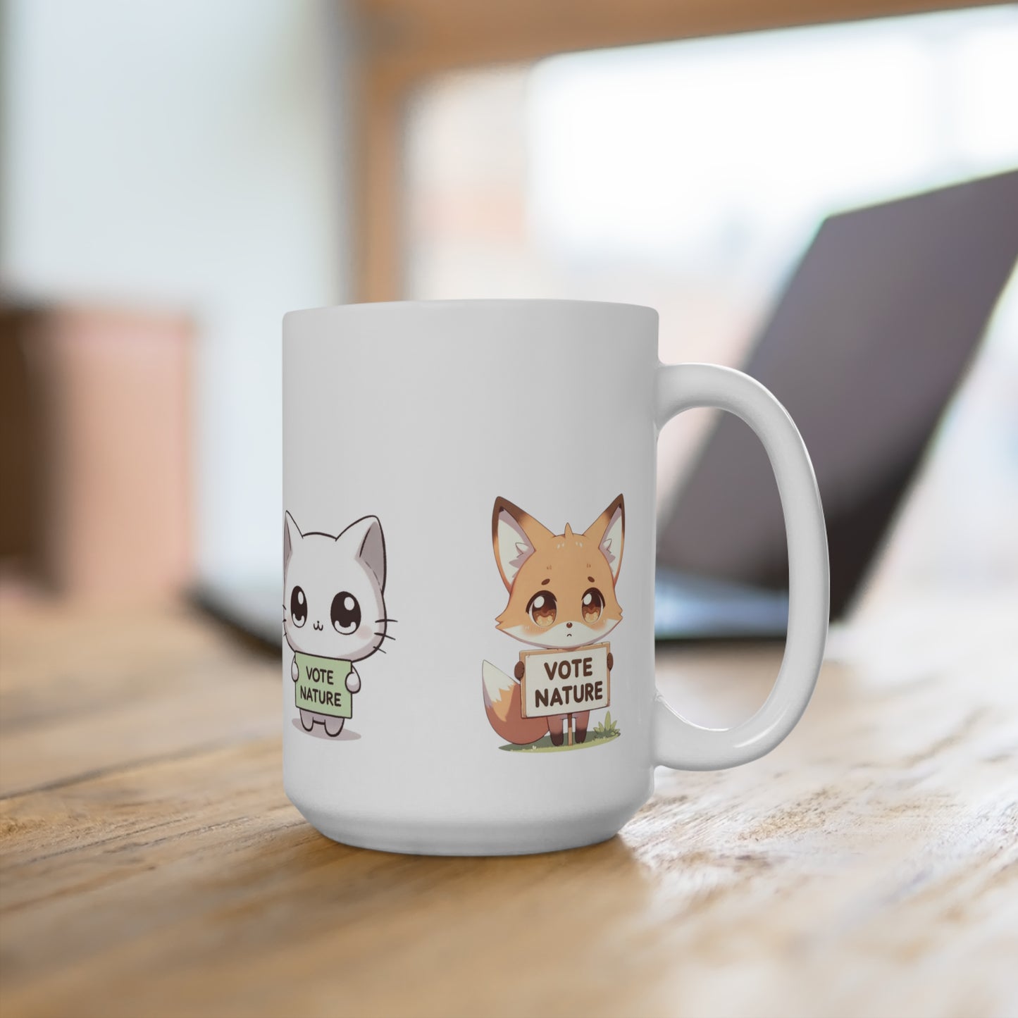 All the Cuteness! Inspirational Statement Coffee Mug (15oz): Vote Nature! Cute bunny, orangutan, fox, and cat! All in one!