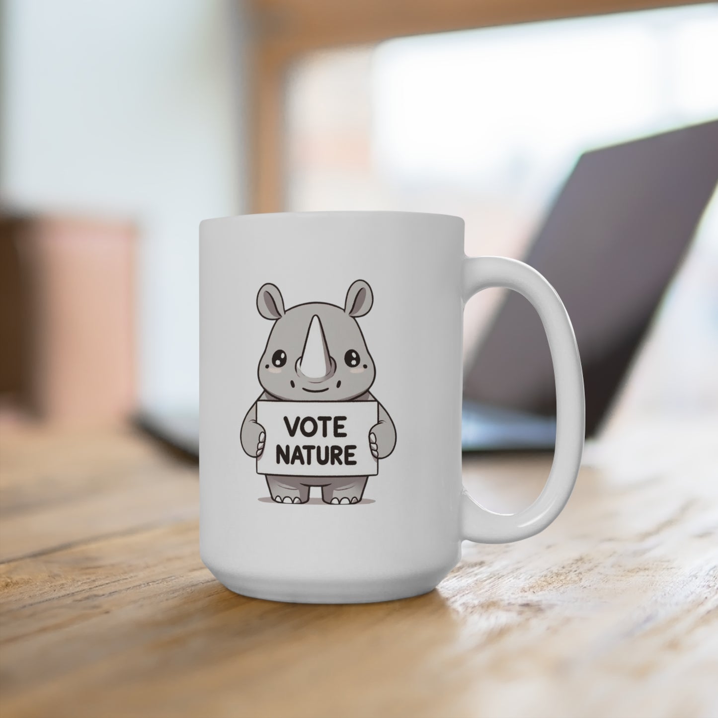Inspirational Cute Rhino Statement Coffee Mug (15oz): Vote Nature! Be a cute activist!