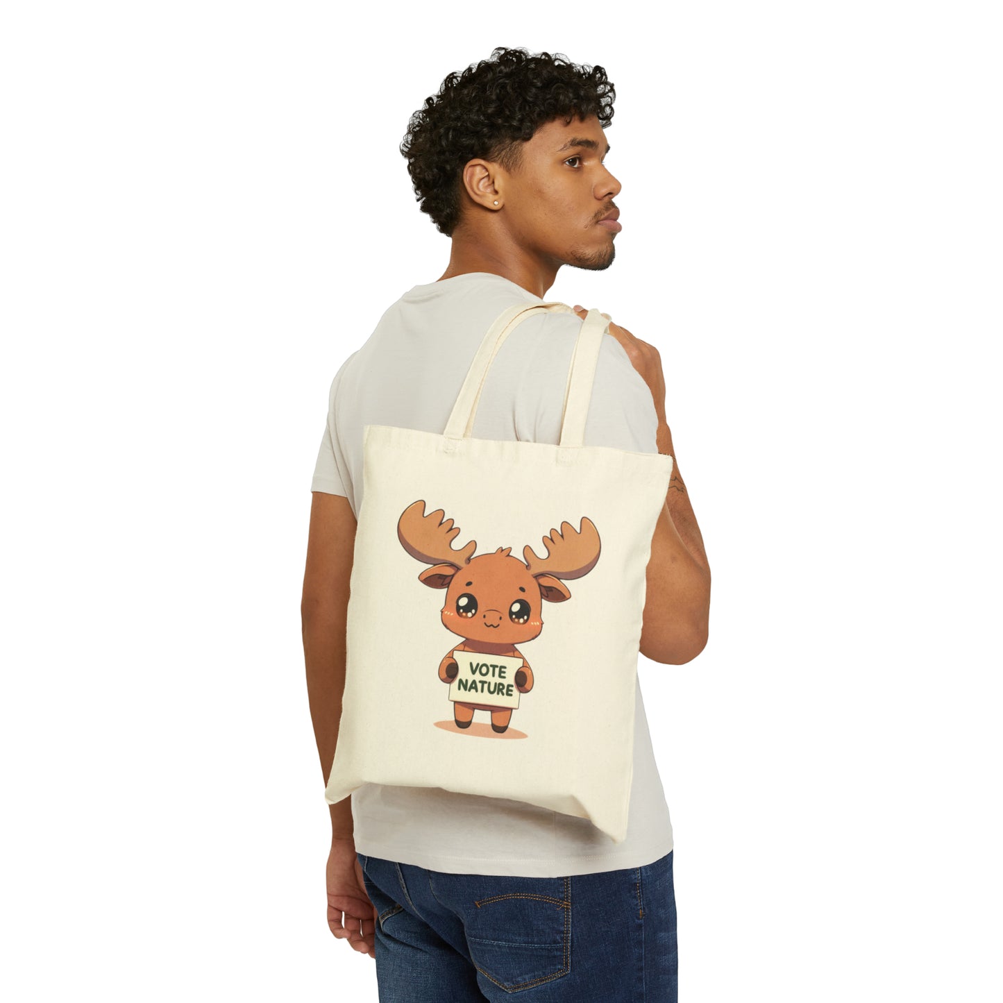 Inspirational Cute Moose Statement Cotton Canvas Tote Bag: Vote Nature! carry a laptop, kindle, phone, notebook, goodies to work/coffee shop