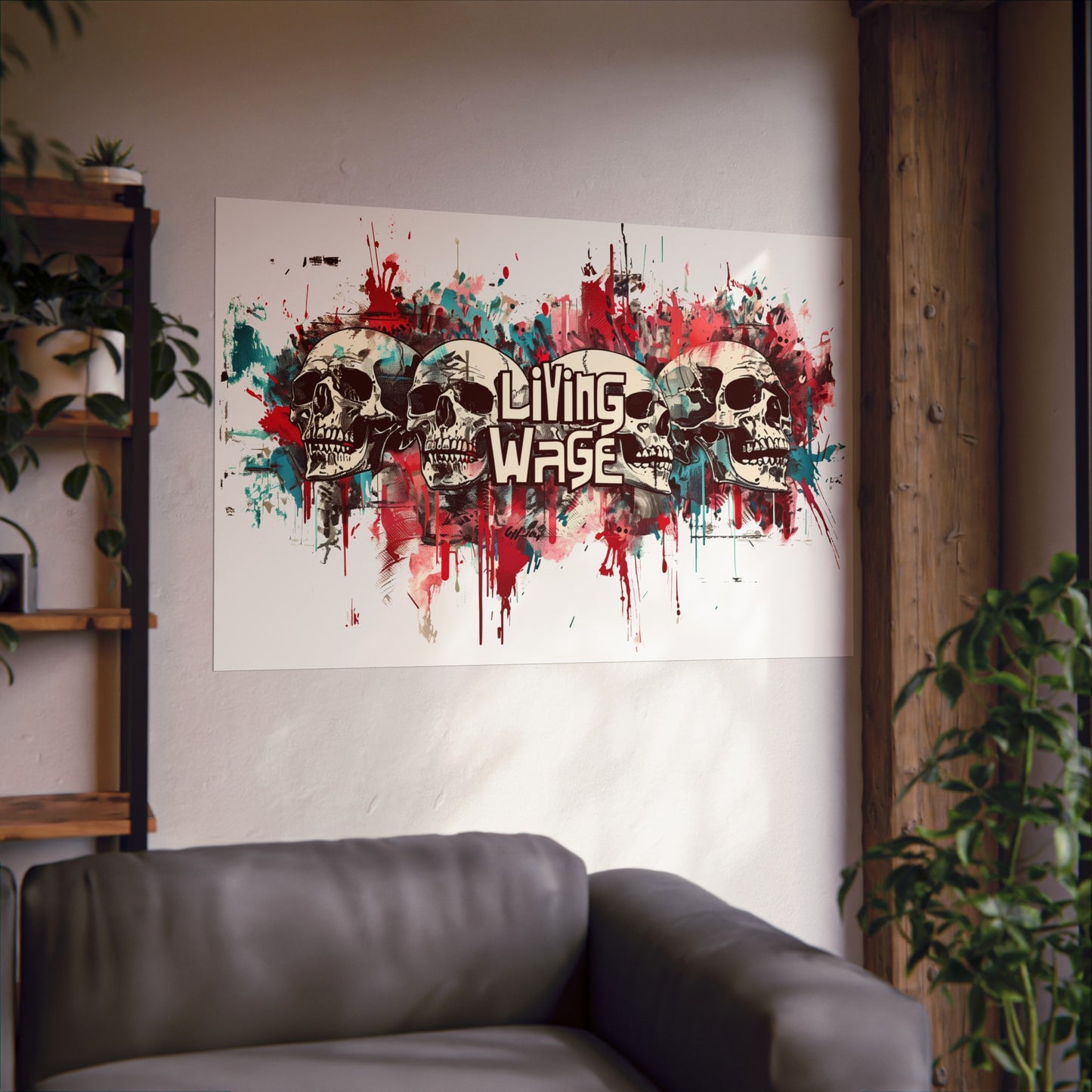 Living Wage Political poster graffiti poster skull cyberpunk poster Statement Poster for home office dorm room poster Bold Protest poster