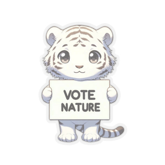 Inspirational Cute White Tiger Statement vinyl Sticker: Vote Nature! for laptop, kindle, phone, ipad, instrument case, notebook, mood board